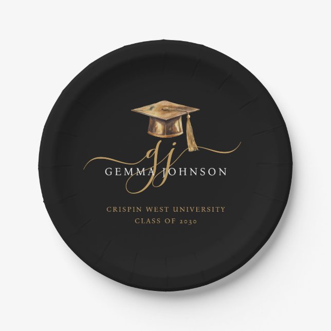 Modern Gold Script Minimalist Graduation Black Paper Plate (Front)