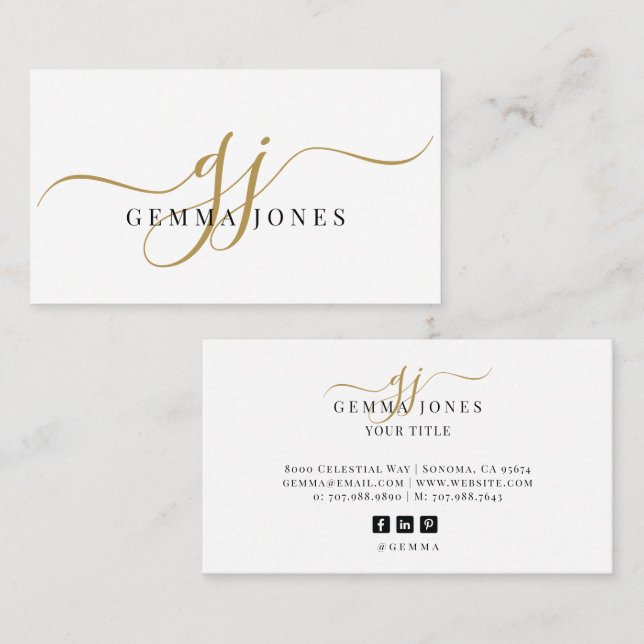 Modern Gold Script Monogram Black Name Business Card (Front/Back)