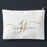 Modern Gold Script Monogram Initials Accessory Pouch<br><div class="desc">An elegant modern minimalist style monogrammed accessory bag,  with a sans serif name and elegant gold swash script initials on white.</div>