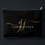 Modern Gold Script Monogram Initials Accessory Pouch<br><div class="desc">An elegant modern minimalist style monogrammed accessory bag,  with a sans serif name and elegant gold swash script initials on black.</div>