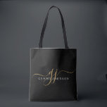 Modern Gold Script Monogram Initials Black Tote Bag<br><div class="desc">An elegant modern minimalist style monogrammed tote bag,  with a sans serif name and elegant gold swash script initials on black.</div>