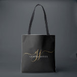 Modern Gold Script Monogram Initials Tote Bag<br><div class="desc">An elegant modern minimalist style monogrammed tote bag,  with a sans serif name and elegant gold swash script initials on black.</div>