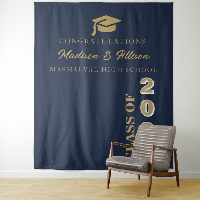  Modern Gold Script Navy Blue Twin Graduation Tapestry (In Situ)