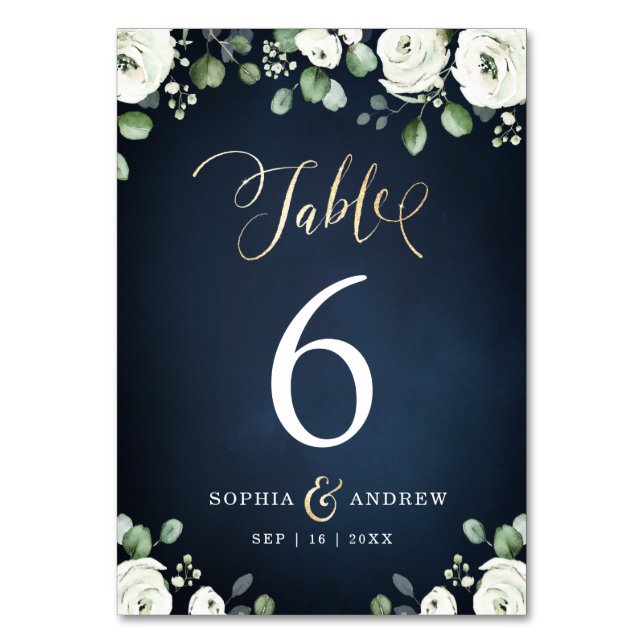 Modern gold script navy blue white floral wedding table number (Front)