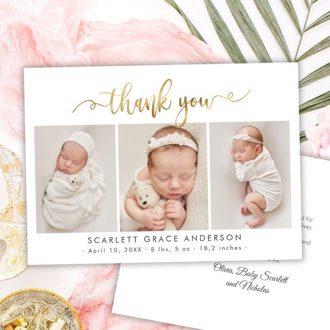 Modern Gold Script Newborn 3 Baby Photo Thank You (Creator Uploaded)