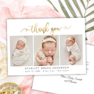 Modern Gold Script Newborn 3 Baby Photo Thank You Card