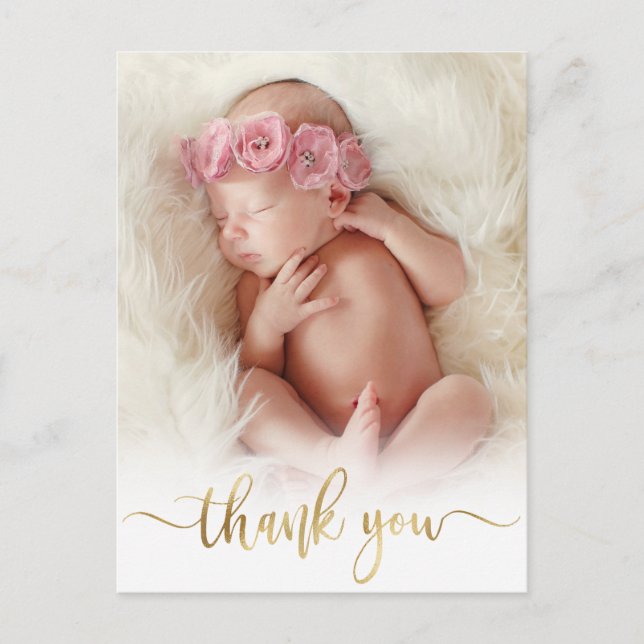 Modern Gold Script Newborn Baby Photo Thank You  Postcard (Front)