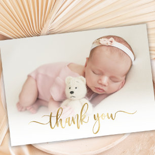 Modern Gold Script Newborn Baby Photo Thank You Postcard