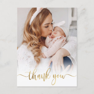Modern Gold Script Newborn Baby Photo Thank You Postcard