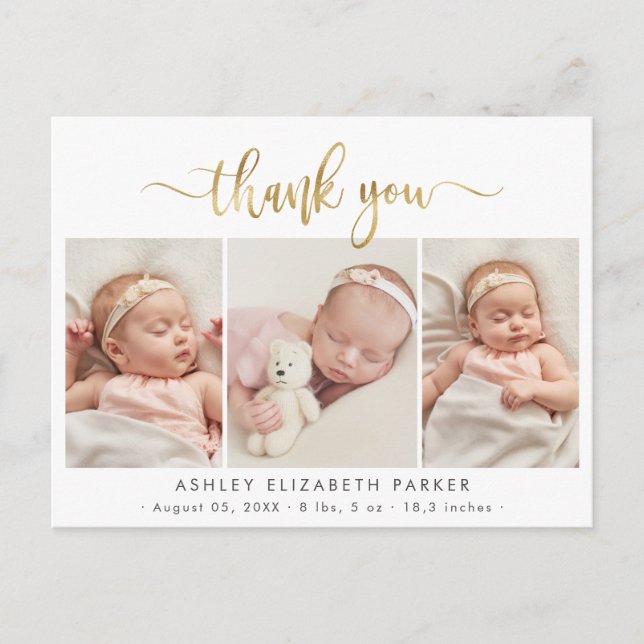 Modern Gold Script Newborn Photo Collage Thank You Postcard (Front)