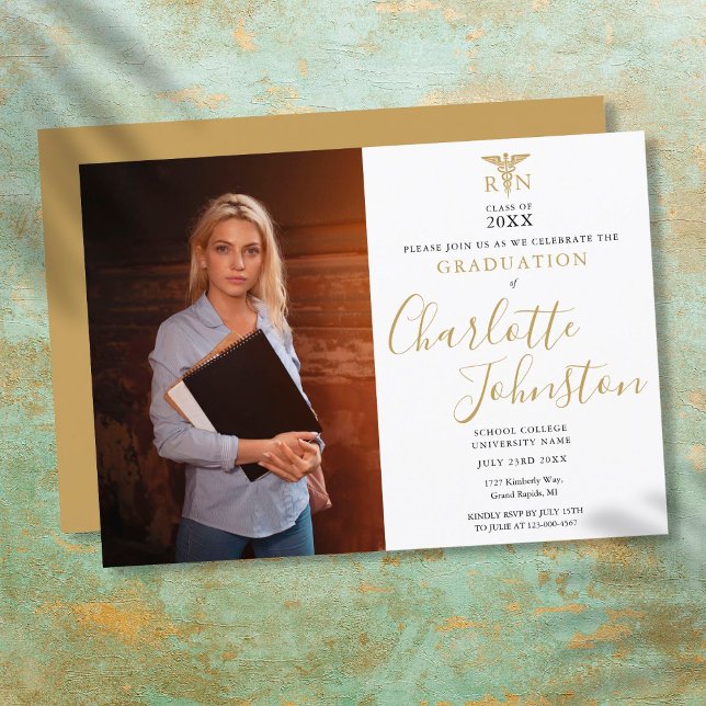 Modern Gold Script Nursing Graduation Party Photo Invitation (Creator Uploaded)