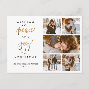 Modern Gold Script Peace & Joy Christmas 5 Photo Postcard