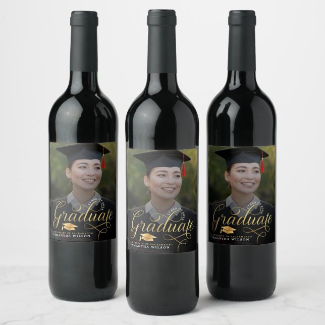 Modern Gold Script Photo Graduation Announcement Wine Label (Bottles)