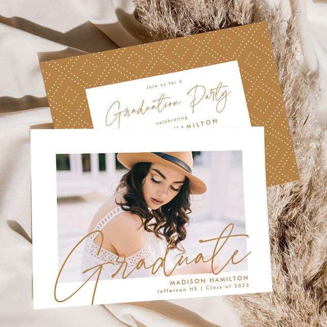Modern Gold Script Photo Graduation Party Invitation (Creator Uploaded)