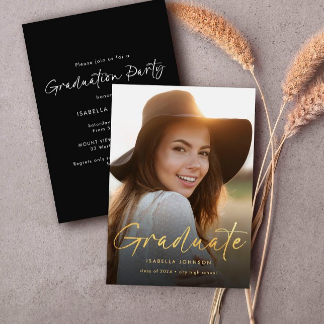 Modern Gold Script Photo Graduation Party Invitation (Creator Uploaded)