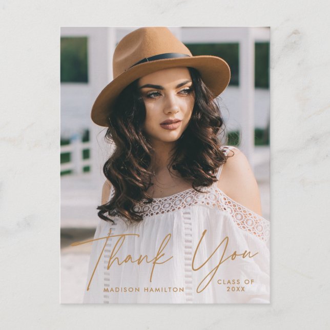 Modern Gold Script Photo Graduation Thank You Postcard (Front)