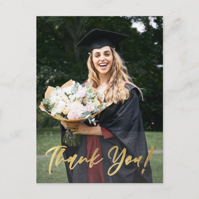 Modern Gold Script Photo Graduation Thank You Postcard (Front)