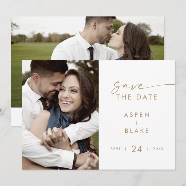 Modern Gold Script Photo Save The Date (Front/Back)