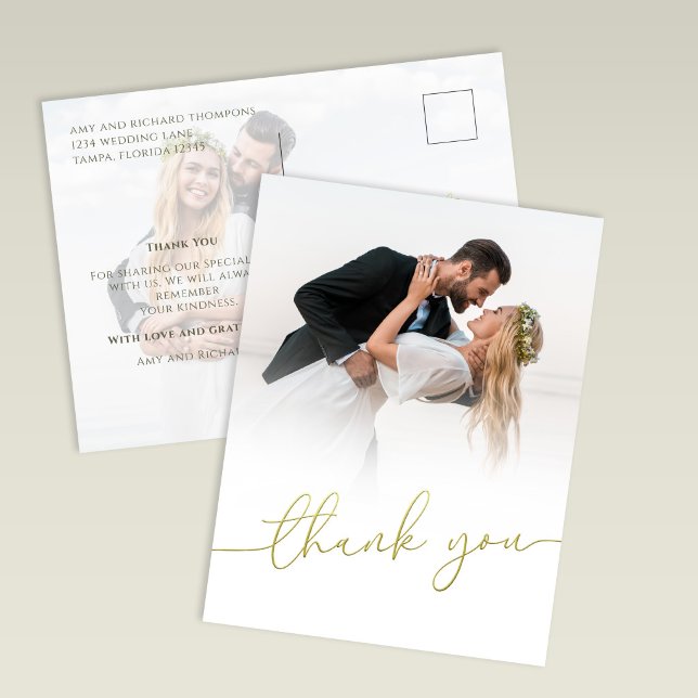 Modern Gold Script Photo Wedding Thank You Card (Gold script wedding thank you postcard with photo and modern minimalist design)