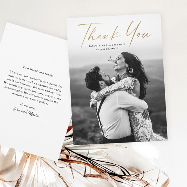 Modern Gold Script Photo Wedding Thank You Card (Creator Uploaded)