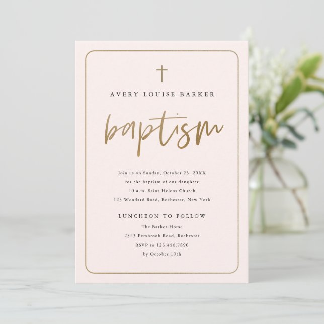 Modern Gold Script Religious Baptism Invitation (Standing Front)