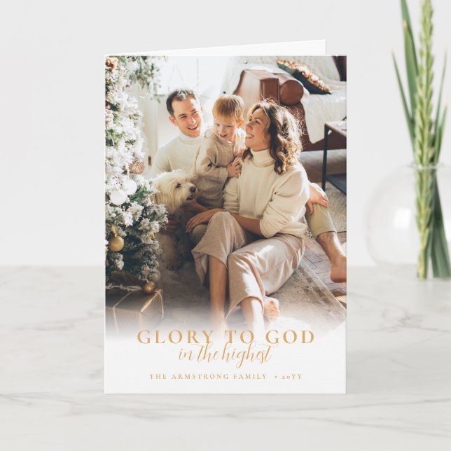Modern Gold Script Religious Christmas Photo Holiday Card (Front)