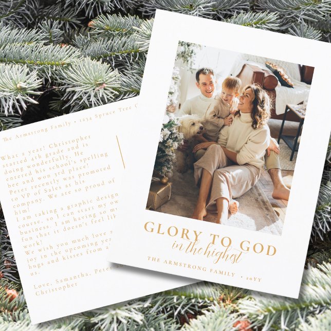 Modern Gold Script Religious Christmas Photo Holiday Postcard (Religious Christmas postcard in simple, minimalist style with family photo and Bible verse)