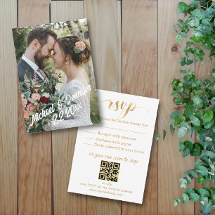 modern gold script rsvp wedding photo qr code card