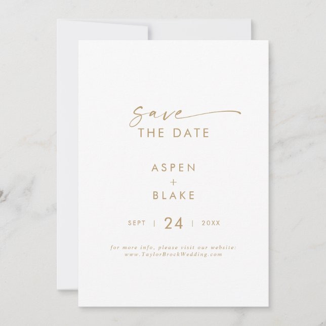 Modern Gold Script Save the Date Announcement Card (Front)