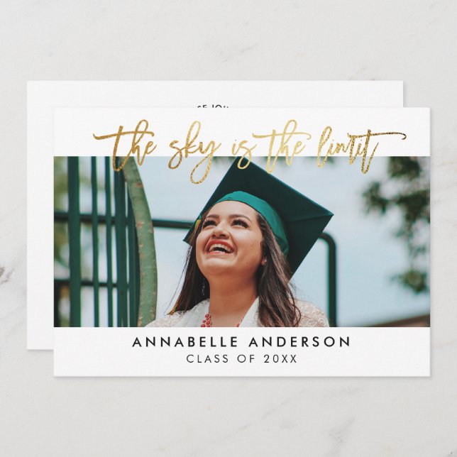 Modern Gold Script Sky is the Limit Graduation Invitation (Front/Back)