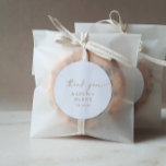 Modern Gold Script Thank You Wedding Favour Sticke Classic Round Sticker<br><div class="desc">These modern gold script thank you wedding favour stickers are perfect for a minimalist wedding reception. The simple yellow gold colour design features unique industrial lettering typography with modern boho style. Customisable in any colour. Keep the design minimal and elegant, as is, or personalise it by adding your own graphics...</div>