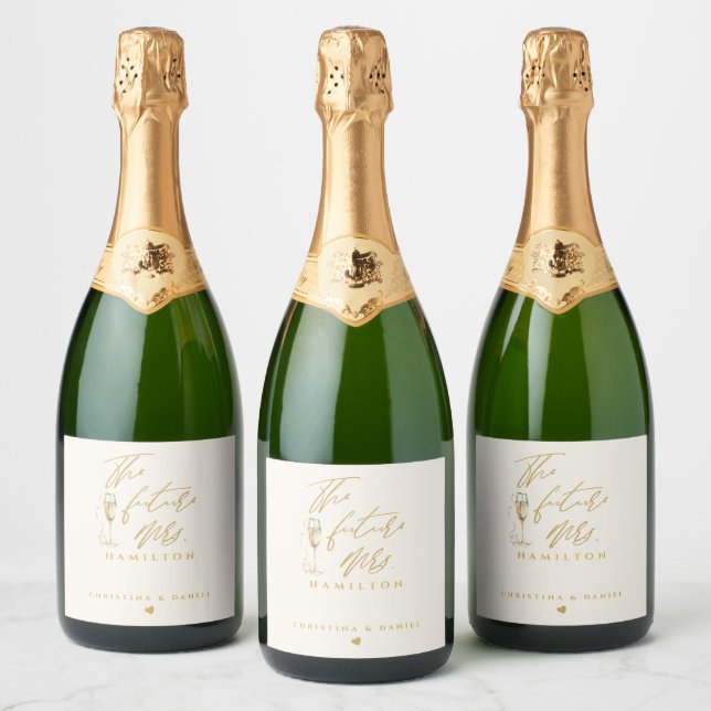 Modern Gold Script Typography Wedding Sparkling Wine Label (Bottles)