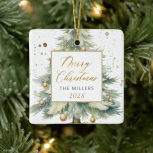 Modern Gold Script Watercolor Christmas Tree Ceramic Ornament