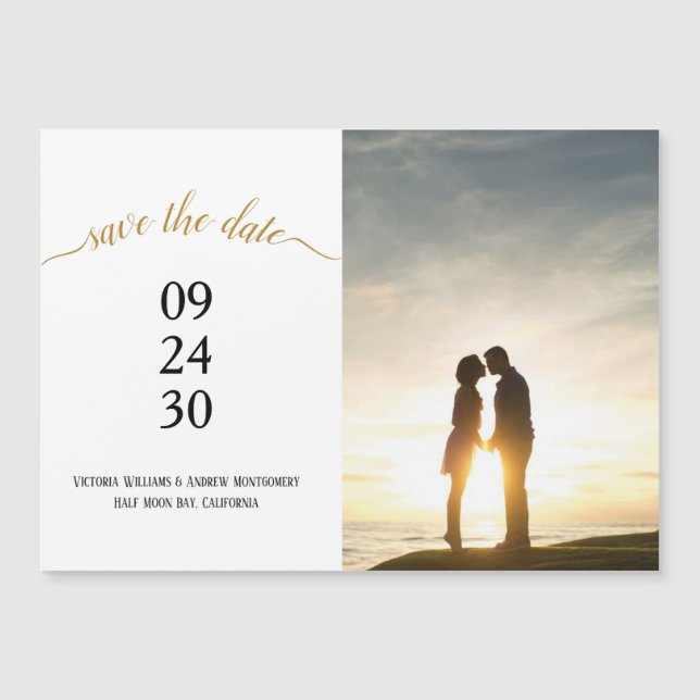 Modern Gold Script Wedding Save Date Photo Magnet (Front)