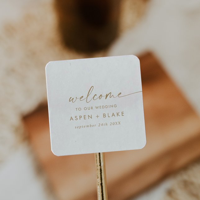 Modern Gold Script Wedding Welcome Square Sticker (Creator Uploaded)