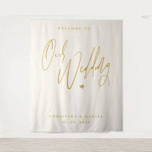 Modern Gold Script Wedding Welcome Wall Sign Tapestry