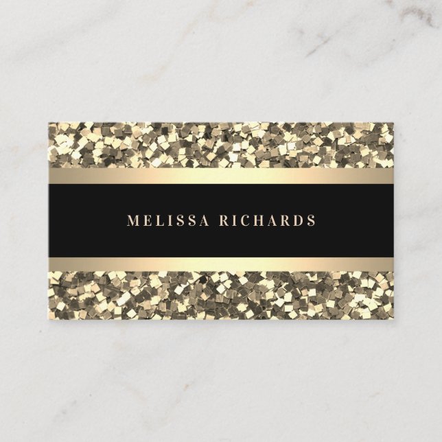 Modern Gold & Sequin Makeup Artist Stylish Business Card (Front)