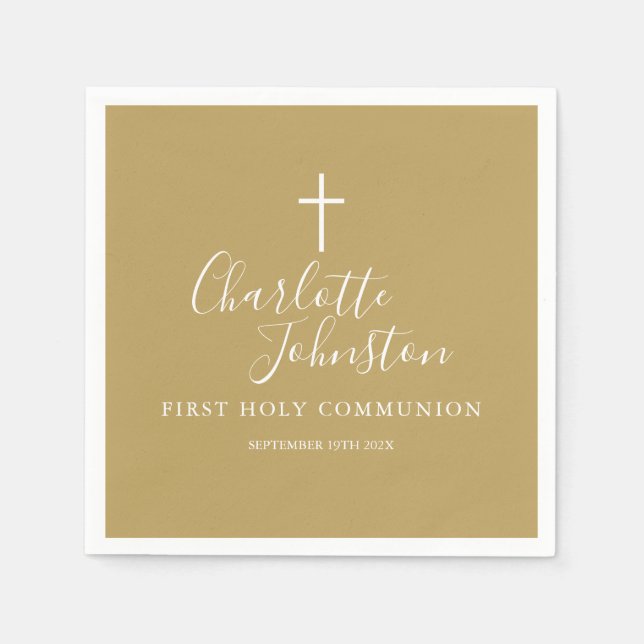 Modern Gold Signature Script First Holy Communion Napkin (Front)