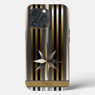 Modern Gold Silver & Black Striped with Star iPhone 13 Pro Case