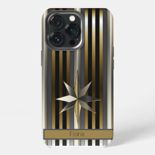 Modern Gold Silver & Black Striped with Star iPhone 13 Pro Case