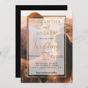 Modern gold simple monogram photo script wedding invitation