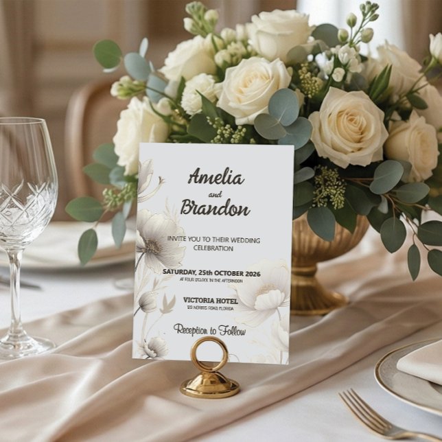 Modern Gold Sketch Flowers | White Wedding Invitation (Creator Uploaded)