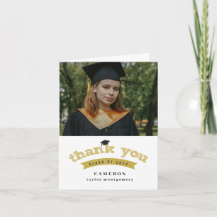 Modern Gold Sketch Graduation Cap Photo Graduate Thank You Card
