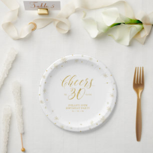 Modern Gold Sparkle & Cheers 30th Birthday Party Paper Plate