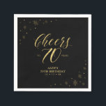 Modern Gold Sparkle & Cheers 70th Birthday Party Napkin<br><div class="desc">This custom paper napkin will add stylish detail to your special day. This design features sparkle graphics and typography " Cheers to 70 years" in gold foil texture on a black background. Perfect for a modern gold theme 70th birthday party. Matching invitations and stationeries are available in my shop BaraBomDesign....</div>