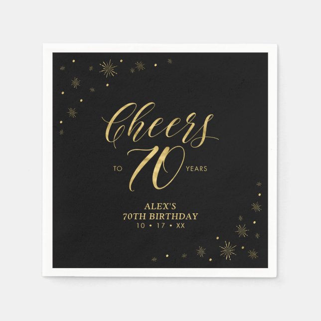 Modern Gold Sparkle & Cheers 70th Birthday Party Napkin (Front)