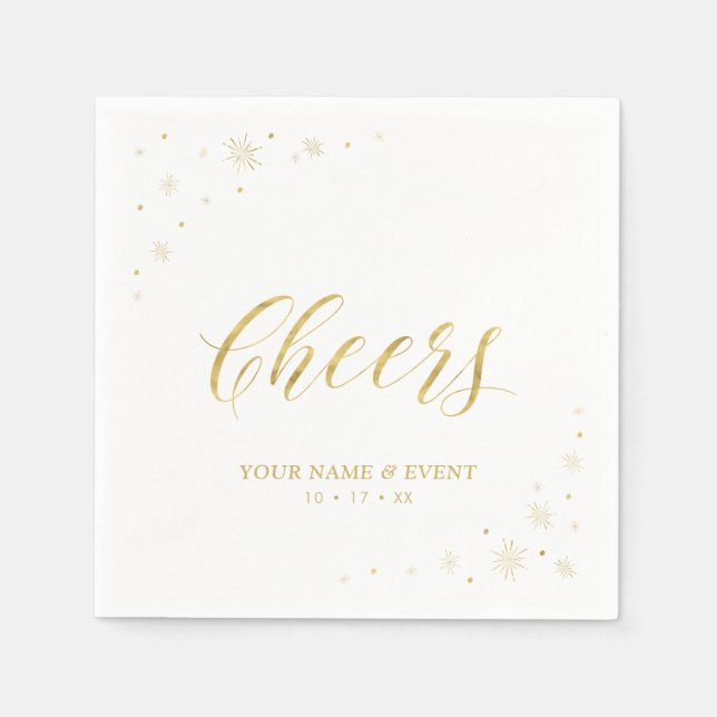 Modern Gold Sparkle & Cheers Custom Party Napkins (Front)