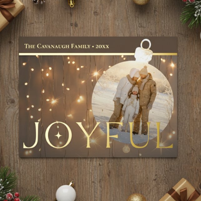 Modern Gold Sparkle Lights Joyful Bulb Photo Foil Foil Holiday Postcard (Creator Uploaded)