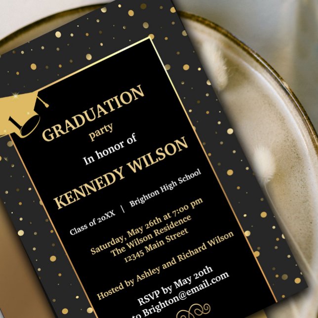 Modern Gold Sparkles Grad Invitation Black (Celebrate your graduation in style with this Gold Sparkles Graduation Party Invitation. #sparkles)
