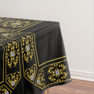 Modern Gold Square Diamond Geometric Pattern Black Tablecloth